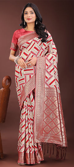 Beige and Brown, Red and Maroon color Saree in Linen fabric with Weaving work