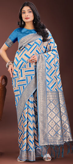 Beige and Brown, Blue color Saree in Linen fabric with Weaving work