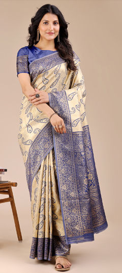 Beige and Brown, Blue color Saree in Banarasi Silk fabric with Weaving work