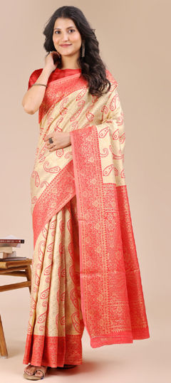 Beige and Brown, Red and Maroon color Saree in Banarasi Silk fabric with Weaving work