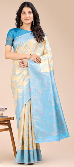 Beige and Brown, Blue color Saree in Banarasi Silk fabric with Weaving work