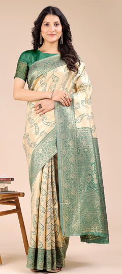 Beige and Brown, White and Off White color Saree in Banarasi Silk fabric with Weaving work