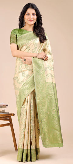 Beige and Brown, Green color Saree in Banarasi Silk fabric with Weaving work