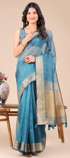 Green color Saree in Organza Silk fabric with Weaving, Zari work