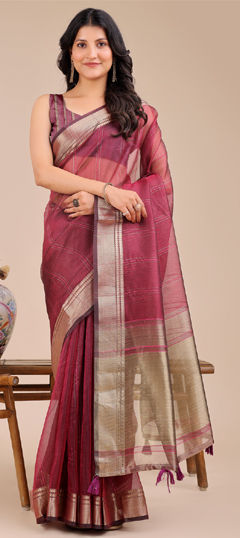 Pink and Majenta color Saree in Organza Silk fabric with Weaving, Zari work