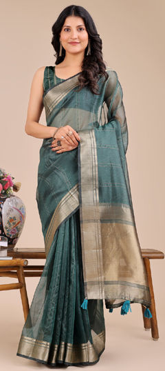 Green color Saree in Organza Silk fabric with Weaving, Zari work