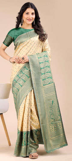Beige and Brown, Green color Saree in Banarasi Silk fabric with Weaving work