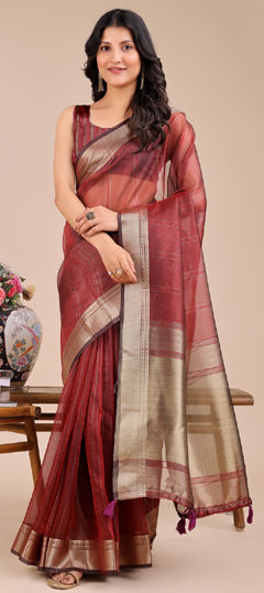 Red and Maroon color Saree in Organza Silk fabric with Weaving, Zari work