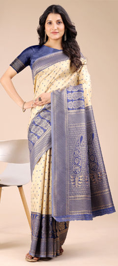 Beige and Brown, Blue color Saree in Banarasi Silk fabric with Weaving work