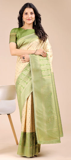 Beige and Brown, Green color Saree in Banarasi Silk fabric with Weaving work