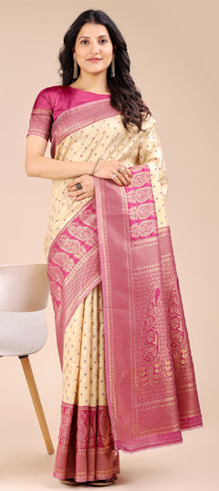 Beige and Brown, Pink and Majenta color Saree in Banarasi Silk fabric with Weaving work
