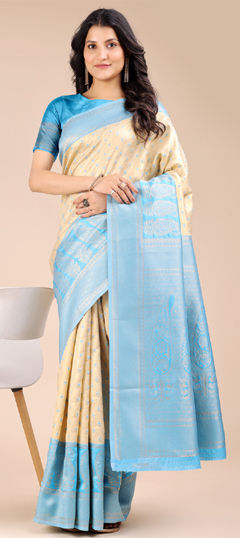 Beige and Brown, Blue color Saree in Banarasi Silk fabric with Weaving work