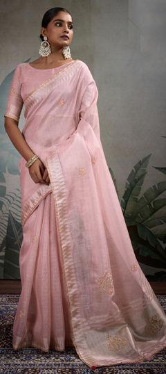 Pink and Majenta color Saree in Tissue fabric with Cut Dana, Thread, Zardozi work
