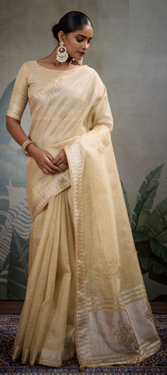Beige and Brown color Saree in Tissue fabric with Cut Dana, Thread, Zardozi work