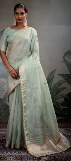 Green color Saree in Tissue fabric with Cut Dana, Thread, Zardozi work