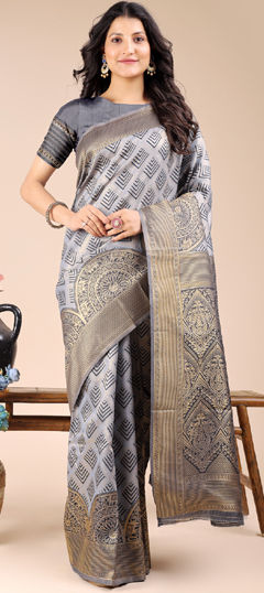 Black and Grey color Saree in Banarasi Silk fabric with Weaving work