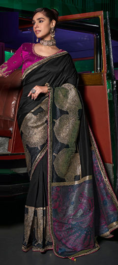Black and Grey color Saree in Silk fabric with Sequence, Weaving, Zari work