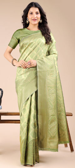 Green color Saree in Banarasi Silk fabric with Weaving work