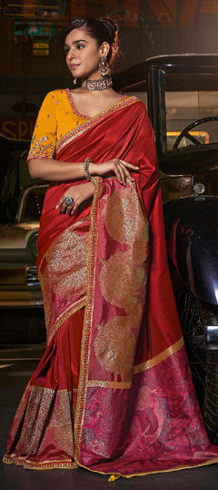 Red and Maroon color Saree in Silk fabric with Sequence, Weaving, Zari work