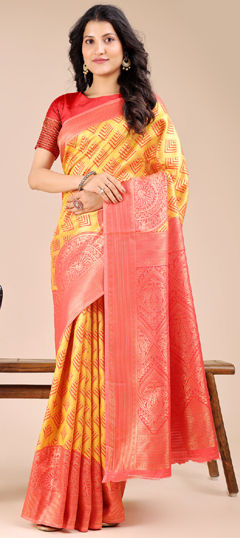 Red and Maroon, Yellow color Saree in Banarasi Silk fabric with Weaving work