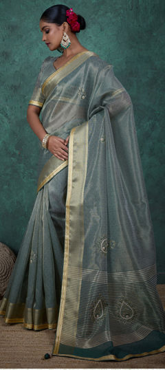 Green color Saree in Tissue fabric with Bugle Beads, Cut Dana, Thread work