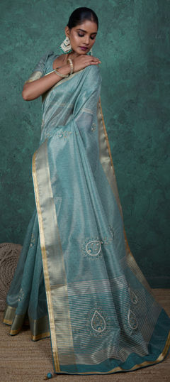 Blue color Saree in Tissue fabric with Bugle Beads, Cut Dana, Thread work