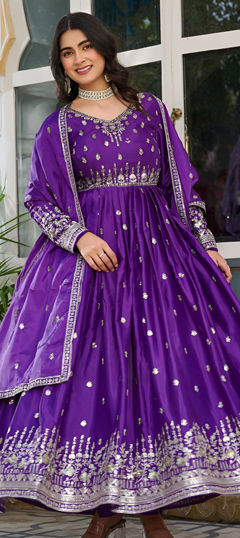Purple and Violet color Gown in Silk fabric with Sequence, Thread work