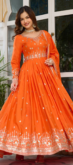 Orange color Gown in Silk fabric with Sequence, Thread work