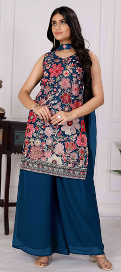 Blue color Salwar Kameez in Georgette fabric with Embroidered, Resham, Sequence, Thread work