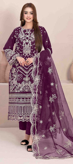 Purple and Violet color Salwar Kameez in Georgette fabric with Embroidered, Thread work