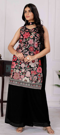 Black and Grey color Salwar Kameez in Georgette fabric with Embroidered, Resham, Sequence, Thread work