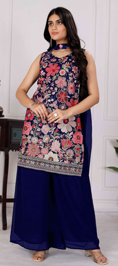 Blue color Salwar Kameez in Georgette fabric with Embroidered, Resham, Sequence, Thread work