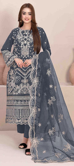 Black and Grey color Salwar Kameez in Georgette fabric with Embroidered, Thread work