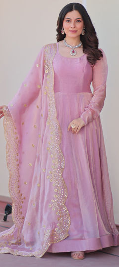 Pink and Majenta color Gown in Chiffon fabric with Embroidered, Sequence, Thread work