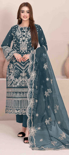 Blue color Salwar Kameez in Georgette fabric with Embroidered, Thread work