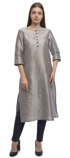 Black and Grey color Salwar Kameez in Dupion Silk fabric with Thread work