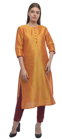Orange color Salwar Kameez in Dupion Silk fabric with Thread work