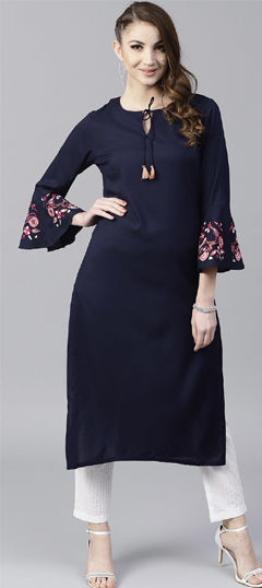 Blue color Salwar Kameez in Rayon fabric with Embroidered work