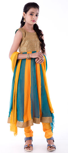 Blue, Yellow color Kids Salwar in Chiffon, Georgette, Silk fabric with Border, Gota Patti work : 200713