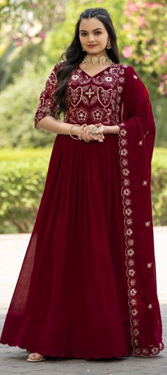 Red and Maroon color Gown in Silk fabric with Embroidered, Sequence, Thread work