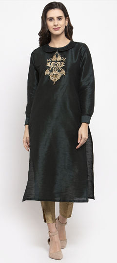 Black and Grey color Salwar Kameez in Dupion Silk fabric with Embroidered work