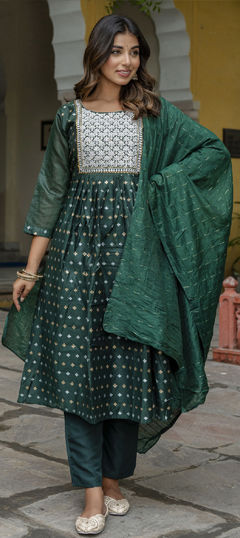 Green color Salwar Kameez in Chanderi Silk fabric with Embroidered, Thread work