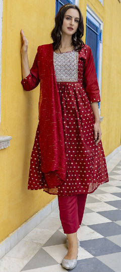 Red and Maroon color Salwar Kameez in Chanderi Silk fabric with Embroidered, Thread work