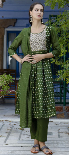 Green color Salwar Kameez in Chanderi Silk fabric with Embroidered, Thread work