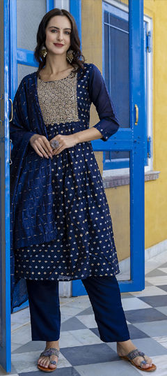 Blue color Salwar Kameez in Chanderi Silk fabric with Embroidered, Thread work