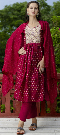 Purple and Violet color Salwar Kameez in Chanderi Silk fabric with Embroidered, Thread work