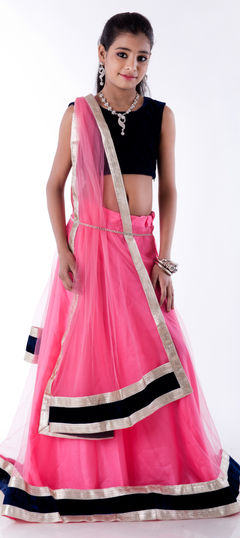 200715: Pink and Majenta color Kids Lehenga in Net, Velvet fabric with Lace work