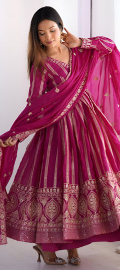 Pink and Majenta color Gown in Georgette fabric with Sequence, Thread work