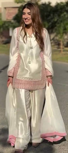 White and Off White color Salwar Kameez in Silk fabric with Embroidered, Sequence work