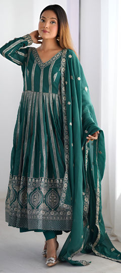 Green color Gown in Georgette fabric with Sequence, Thread work